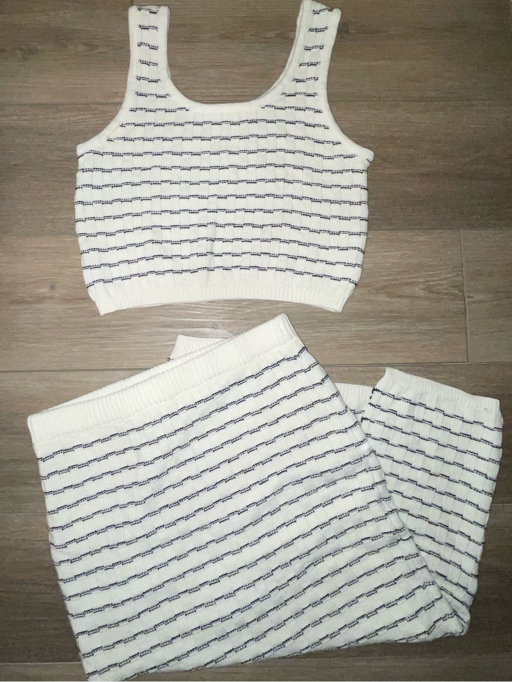 Freshman 1996: Striped Knit Cropped Tank and Skirt Set - White with Navy Stripes